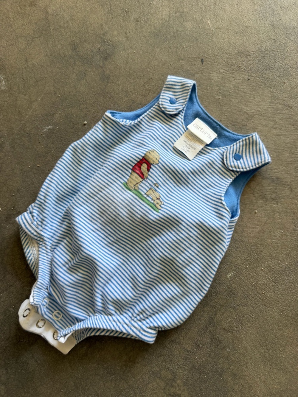 Vintage Carters Blue Striped Baby Romper with Bear Art